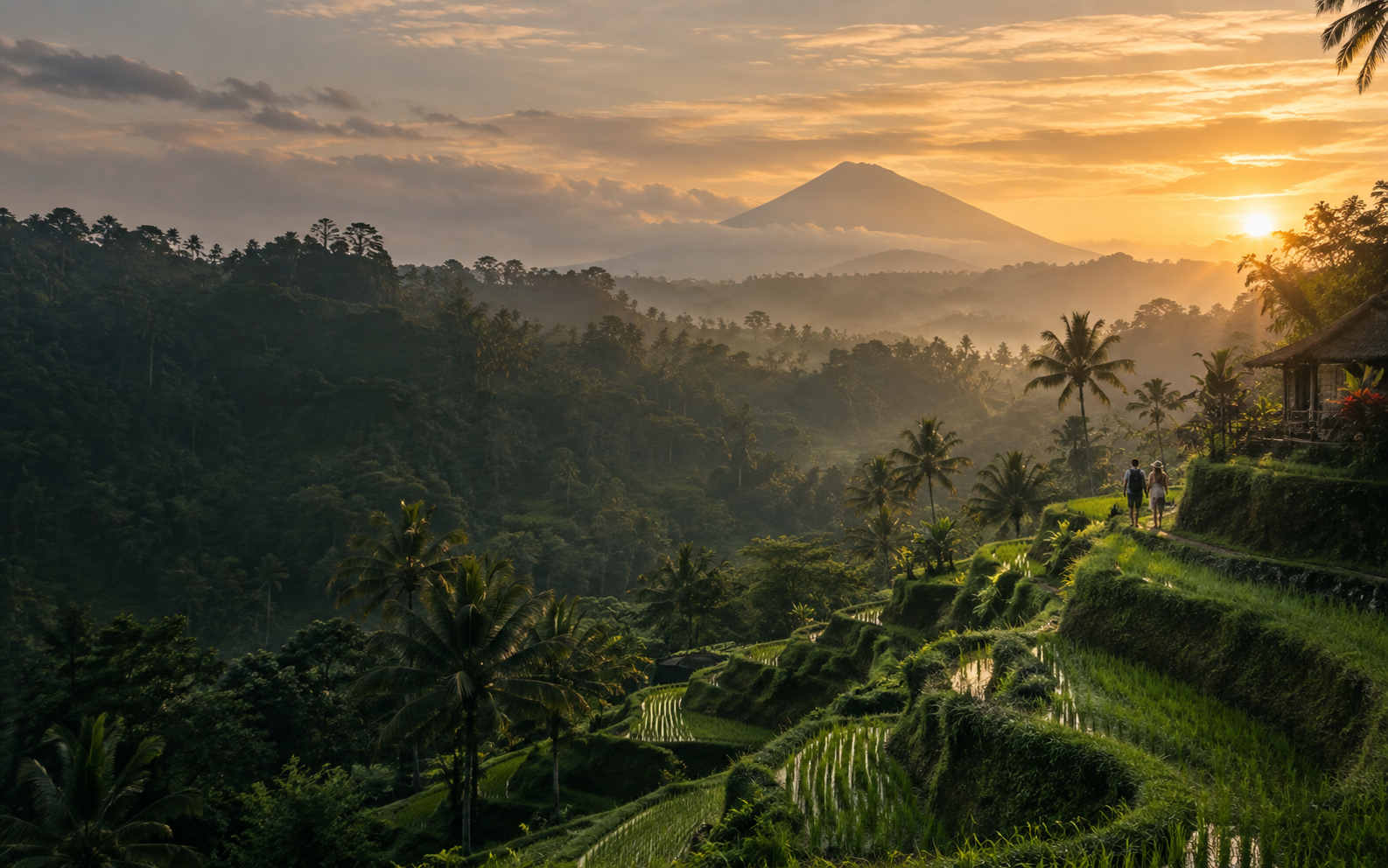 Bali rice terraces and Mount Agung at sunrise